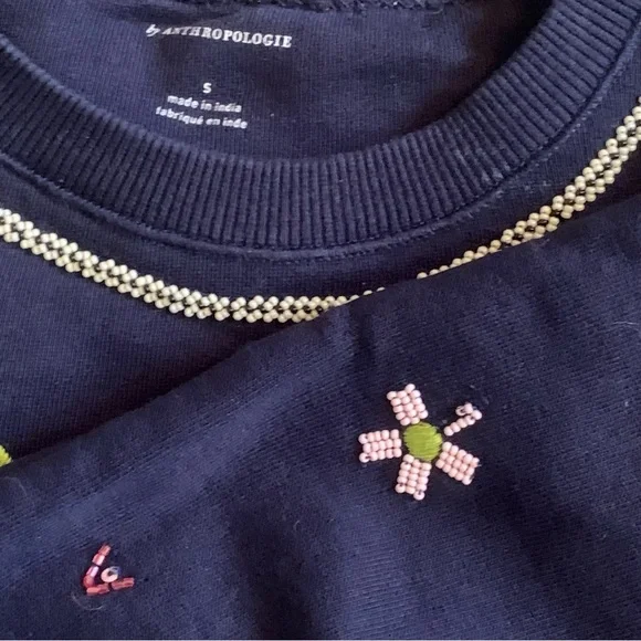 Anthropologie Embroidered Beaded Swans Sweatshirt Navy Blue Size Small - Picture 8 of 9